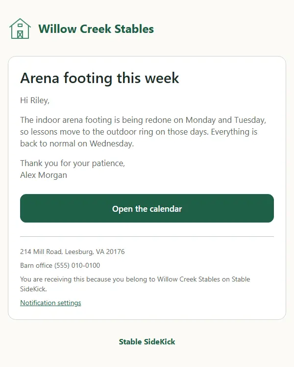 A barn announcement email about a change to the arena schedule, with the barn address in the footer.