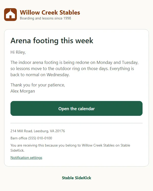 The same announcement email with a barn's own logo, tagline and accent colour on its name.