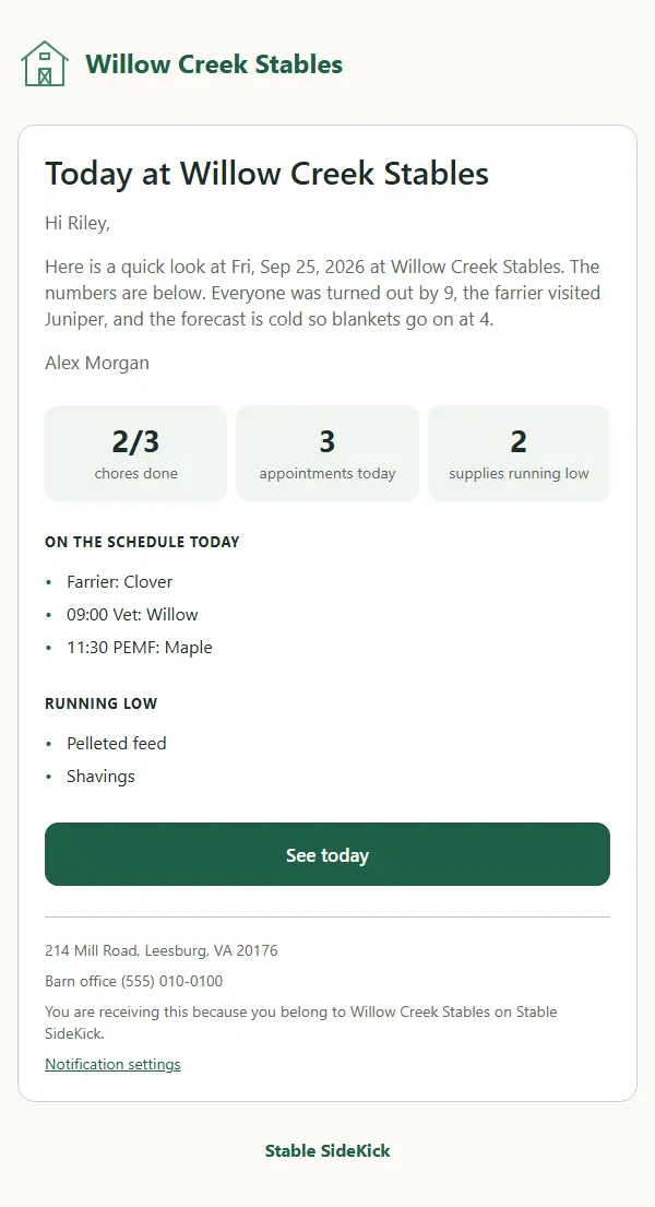 A daily report email from Willow Creek Stables: a short note, then tiles for chores done and appointments, with a button to see today.