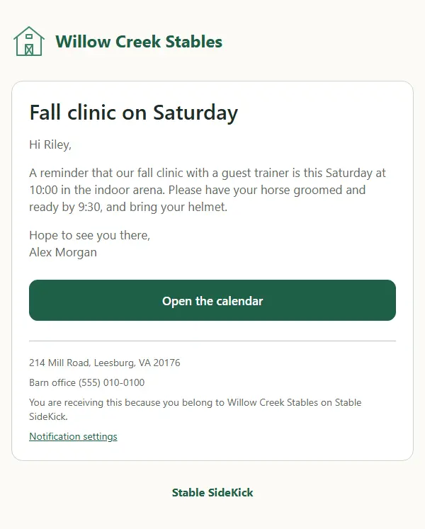 An event reminder email for a clinic at the barn, with a button to open the calendar.