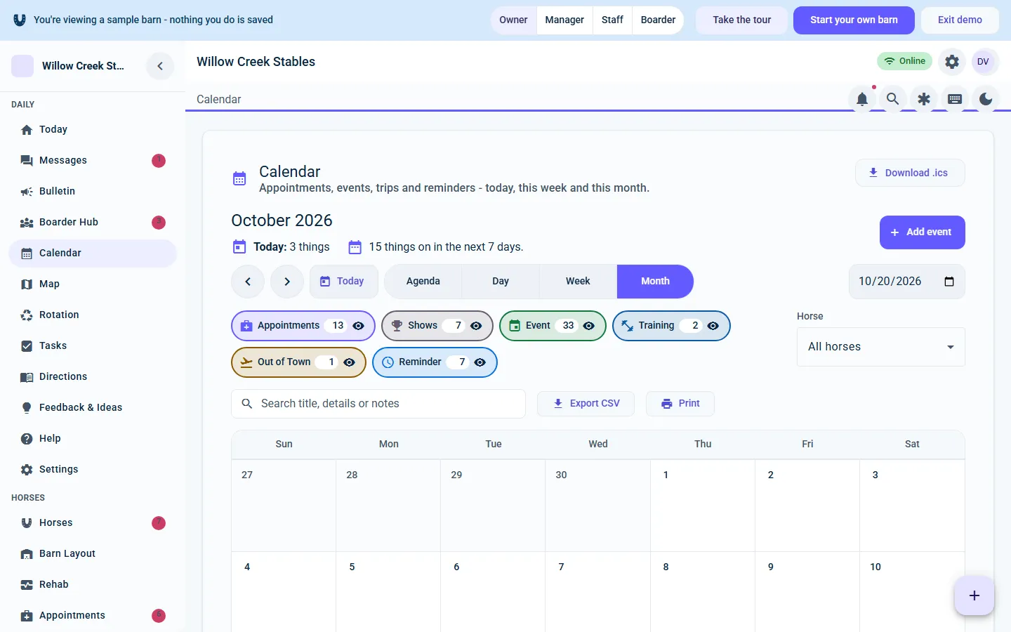 The barn calendar with vet, farrier and lesson appointments.