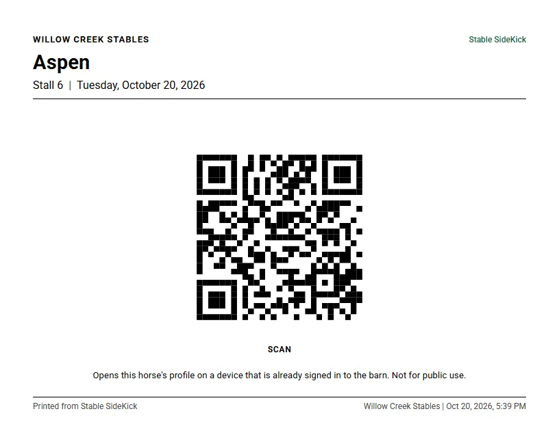 A printable stall card with the horse name and a QR code that opens the profile.